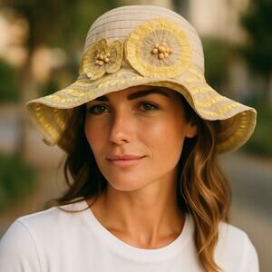 Caribbean Joe Floppy Woven Floral Bucket Hat Beach Summer Paper Island Supply